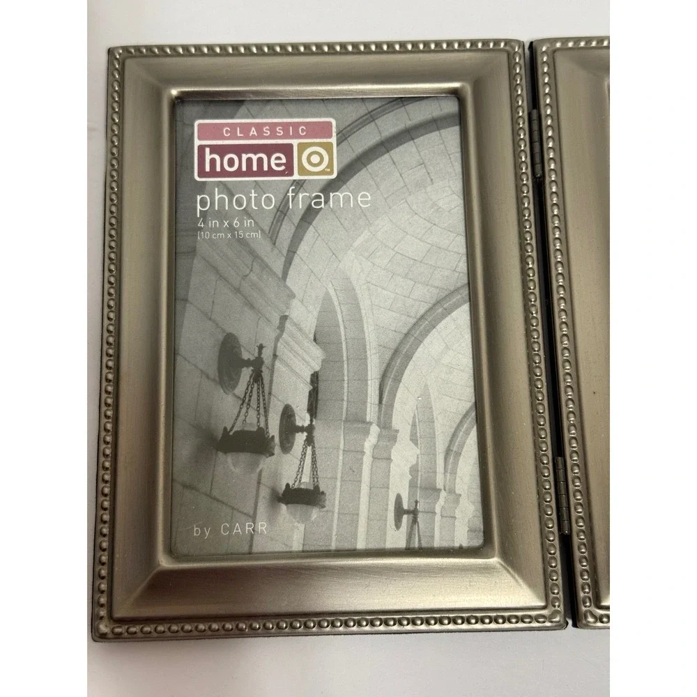 Classic‎ Home by Carr Champagne Silver Beaded 4x6 Double Hinged Picture Frame